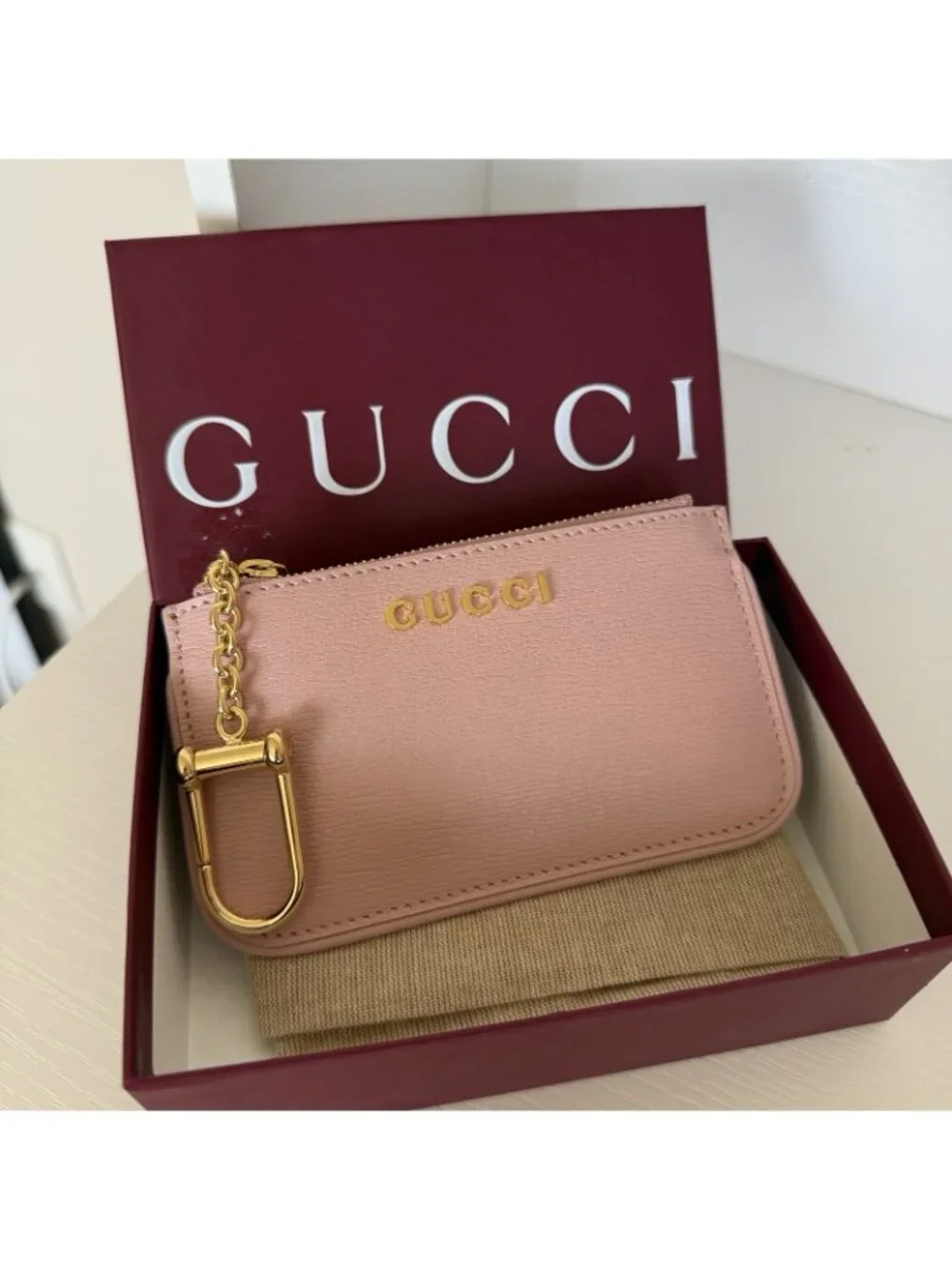 NEW GUCCI Zip Key Case With Script 100% Authentic Pink Wallet Cardholder